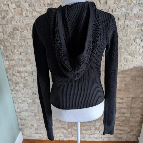 Hooded Black Zip Up Sweater Cardigan Cable Knit Minimal Soft Girl Acubi XS - Picture 3 of 10